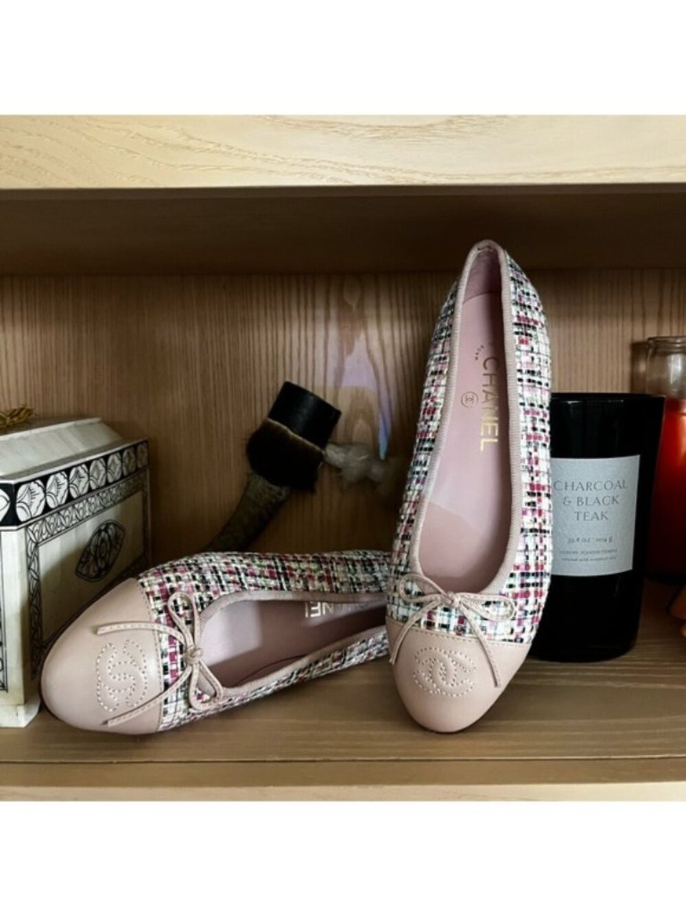 Chanel Tweed Calfskin Cap Toe Interlocking C's Ballerina Flats Slip Ons